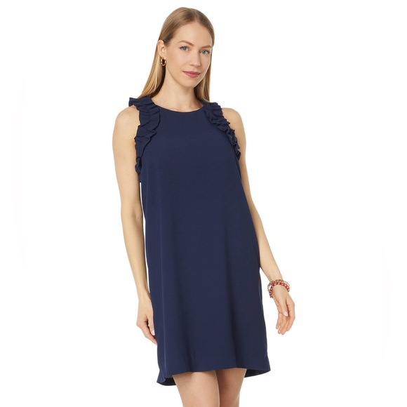 NWT Lilly Pulitzer Navy Kailee Ruffle Shift Mini Dress Career Work Attire LARGE - Picture 2 of 12